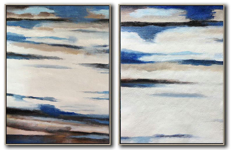 Extra Large Acrylic Painting On Canvas,Set Of 2 Abstract Painting On Canvas,Modern Paintings White,Blue,Brown